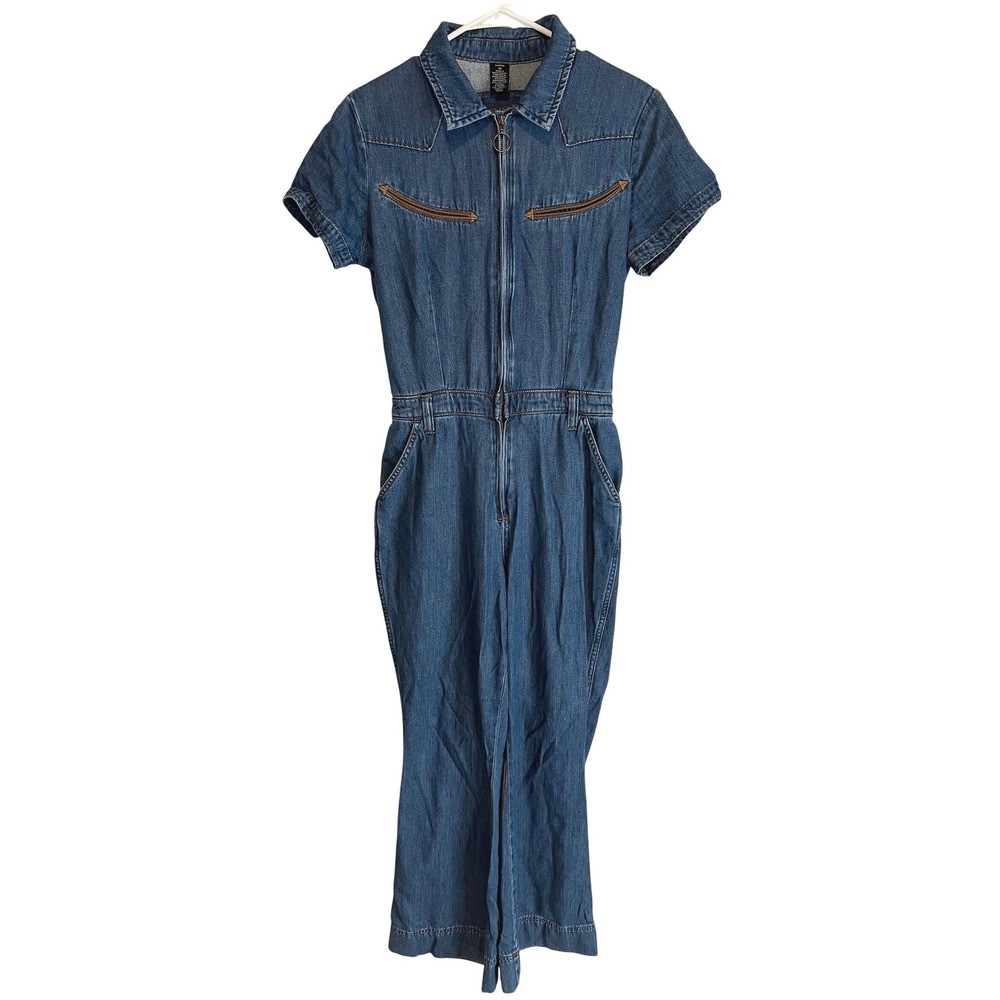 Wrangler Retro Women M Denim Jumpsuit Blue Western Zip Front Wide Leg Coveralls